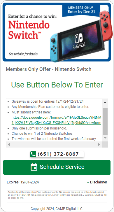 Promotional image offering Bonus Bonfe Insider members a chance to win a Nintendo Switch. Includes entry details, a blue and red Nintendo Switch graphic, and contact info for scheduling services.** Note: It's marked with December 2024 for future reference!.