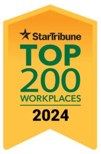 Star Tribune Top 200 Workplaces 2024 badge, set against a vibrant yellow background, features a star symbol above the text, celebrating exceptional career opportunities.