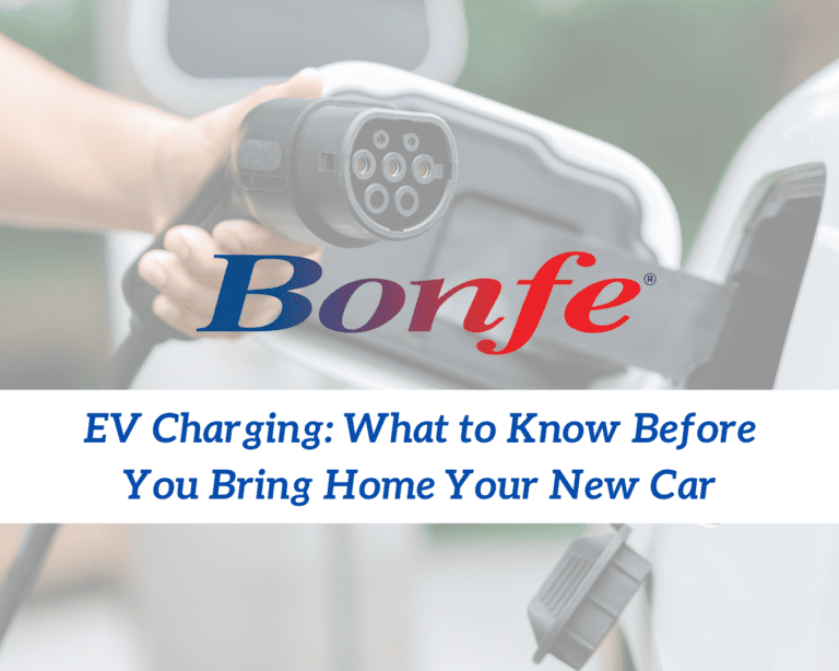Person plugging an electric vehicle (EV) charger into a car. Text overlay: "March 2025 Edition of Bonfe Insider: EV Charging - What to Know Before You Bring Home Your New Car.