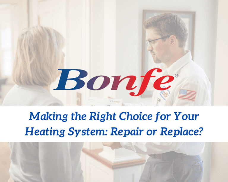 A Bonfe technician in uniform discusses heating system options with a woman. Text reads: "Making the Right Choice for Your Heating System: Repair or Replace? Discover expert insights from the February 2025 Bonfe Insider.