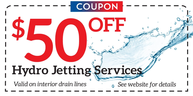 Bonfe Insider exclusive: Get $50 off hydro jetting services for interior drain lines. Features a water splash graphic. Offer valid through May 2025—see website for details.