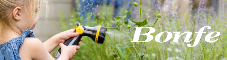 A young child enjoys outdoor fun, watering plants in a grassy garden with a hose nozzle. The word "Bonfe" is displayed in large white letters on the right side.