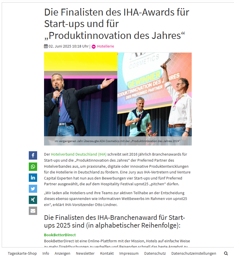 Presse Tageskarte hotellerie IHA-Branchenaward Finalisten 2025 stehen fest