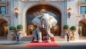 elephant sitting outside in front of a grand hotel entrance booking