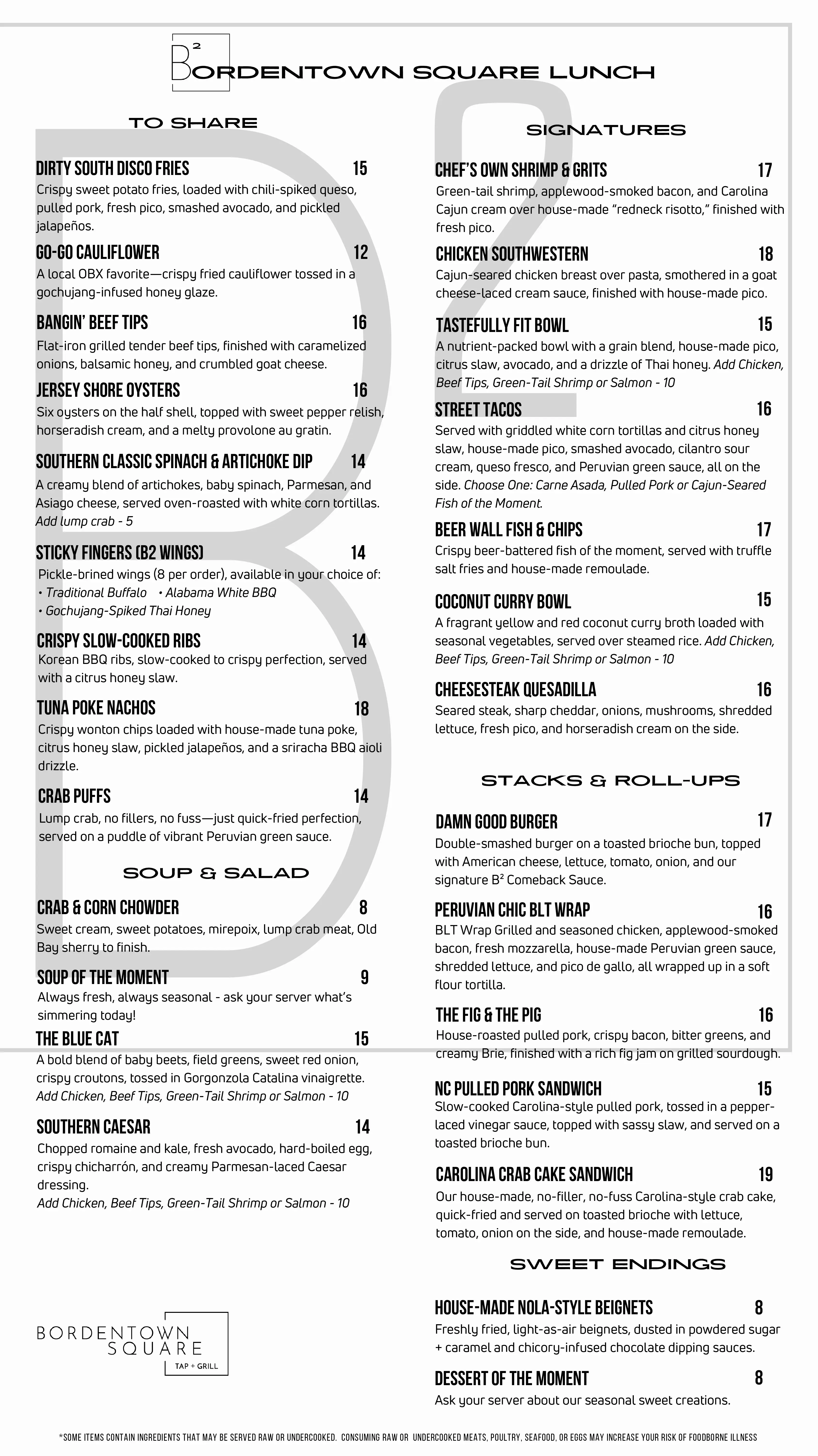 Lunch Menu for Bordentown Square  Page 1 Front Page