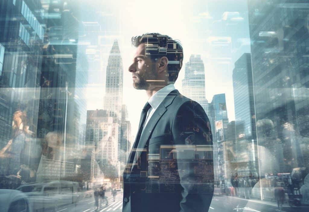 A picture of an AI Engineer, wearing a suit and tie, with a silhouette of a city and skyscrapers in the background. This picture represents AI Career Paths.