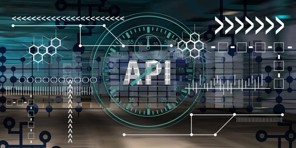 An image of an API Software Interface with the word API in the middle, representing AI tools and resources. Application Programming Interfaces (API) is one of the four tools I discuss in the blog article. The other tools I discuss are Cloud Service Providers, research papers and reports, and open-source libraries.