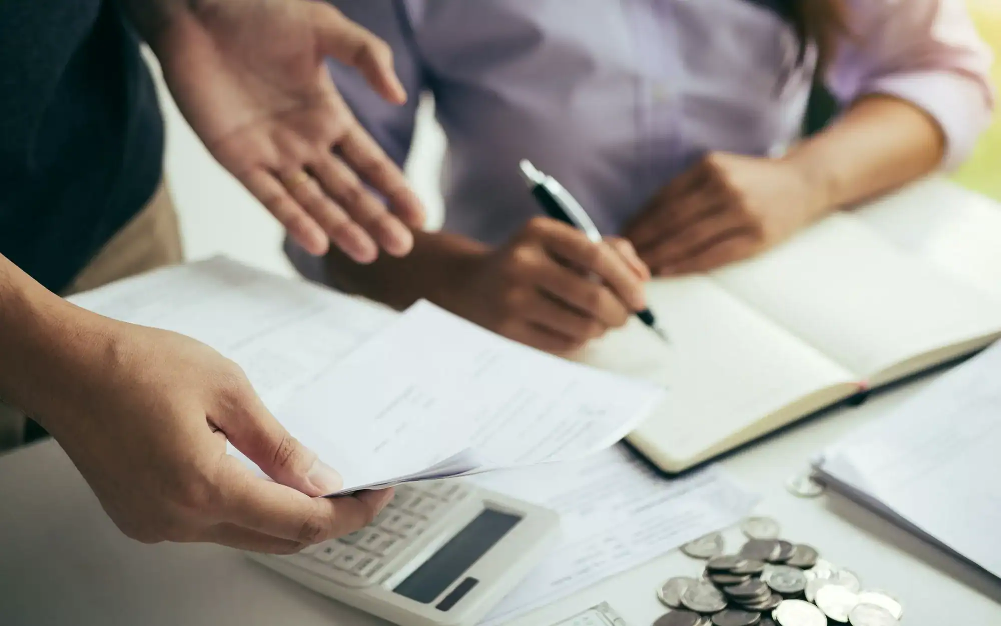 Two asian couples and men and women are together analyzing expenses or finances in deposit accounts