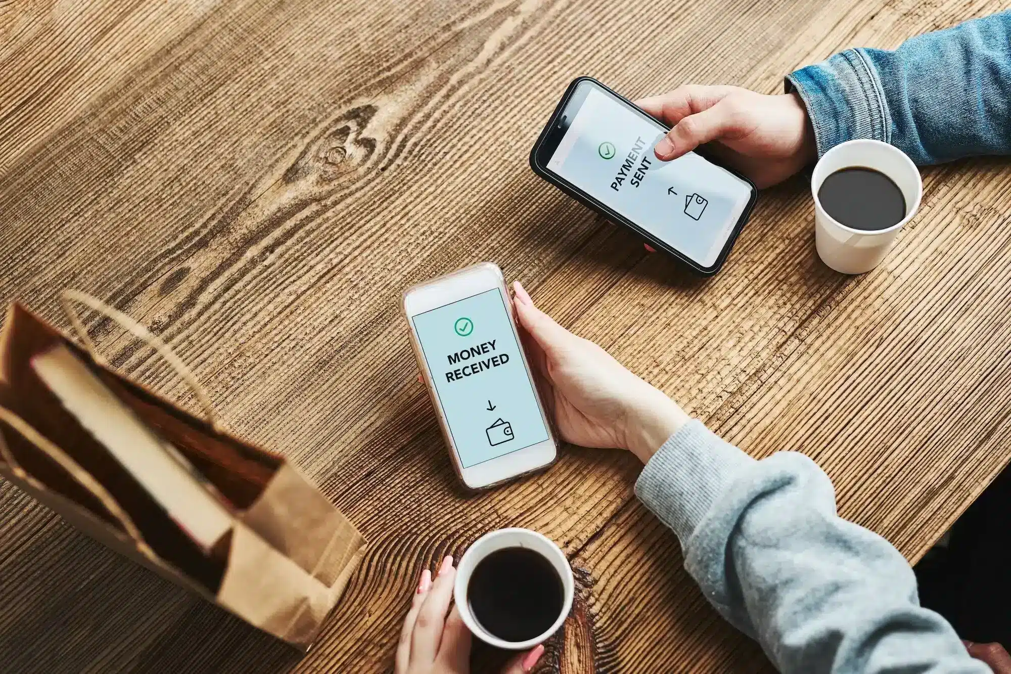 Money transfer. Online banking. People transferring money online using applications on mobile phone