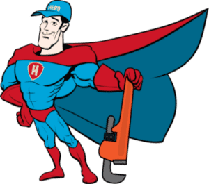 Cartoon superhero in blue and red costume and cape, holding a large orange pipe wrench, wearing a cap labeled “HERO.”.