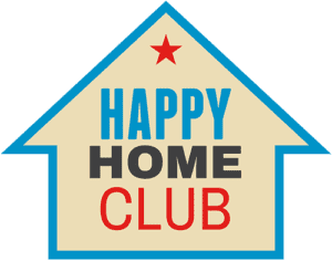 House-shaped logo with a red star at the top and the words "Happy Home Club" in blue, black, and red text inside.