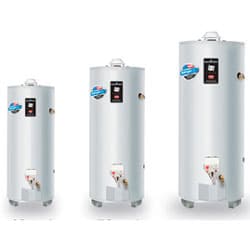 Three silver water heaters of different sizes stand upright on a white background, highlighting the variety in water heater size options available.