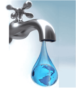 A metallic faucet releases a single water droplet containing an image of Earth, symbolizing global water resources and the need to Fix Leaking Plumbing to Conserve Water.