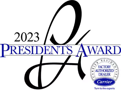 2023 President’s Award logo with Carrier Factory Authorized Dealer seal, highlighting Twin Cities home services and the phrase "Turn to the experts" at the bottom.