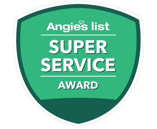 Green shield-shaped badge with the text "Angie's List Super Service Award" in white letters on a dark green background, recognizing outstanding Twin Cities home services.