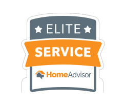 A badge displaying "Elite Service" and the HomeAdvisor logo on a gray and orange background, highlighting top Twin Cities home services.
