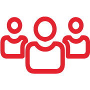 Red outline icon of three generic human figures, with one centered in front and two behind on each side, representing a group or team on a black background—perfect for highlighting "Why Choose Us" sections.
