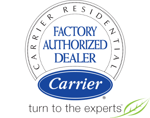 Carrier Residential Factory Authorized Dealer logo with the slogan "turn to the experts" and a green leaf graphic in the bottom right footer, perfect for your next camp project.