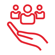 Red outline icon of a hand supporting three people, symbolizing community support or social care, on a black background—choose us for dedicated and compassionate service.