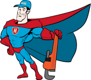 Cartoon superhero in blue and red costume, labeled "HERO," holds an orange pipe wrench and wears a matching cap and cape.