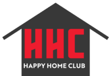 Logo featuring a dark gray house shape with large red letters "HHC" above smaller white text reading "HAPPY HOME CLUB.