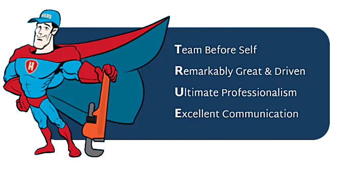 Cartoon superhero plumber stands next to a sign with the acronym TRUE and the words: Team Before Self, Remarkably Great & Driven, Ultimate Professionalism, Excellent Communication.