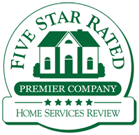 Circular badge with a house icon, labeled "FIVE STAR RATED PREMIER COMPANY" and "HOME SERVICES REVIEW," highlighting excellence in Twin Cities home services, with five stars displayed below the text.
