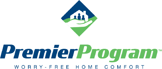 Premier Program logo with an icon of a hand holding a house and family, and the tagline "Worry-Free Home Comfort" below the program name.