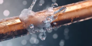 Close-up of a copper pipe with ice and water droplets, illustrating the effects of frozen pipes and highlighting the importance of prevention to avoid bursts during low temperatures.
