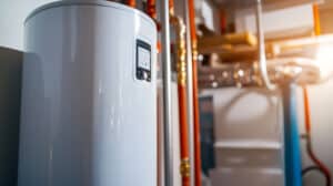 A white water heater with a digital control panel is installed in a utility room, surrounded by pipes and machinery—ideal for providing hot water or for those considering water heater repair.