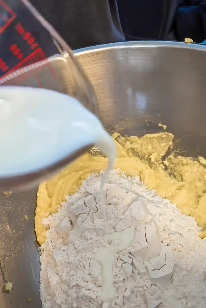 adding milk to the flour dry ingredients and wet ingredients