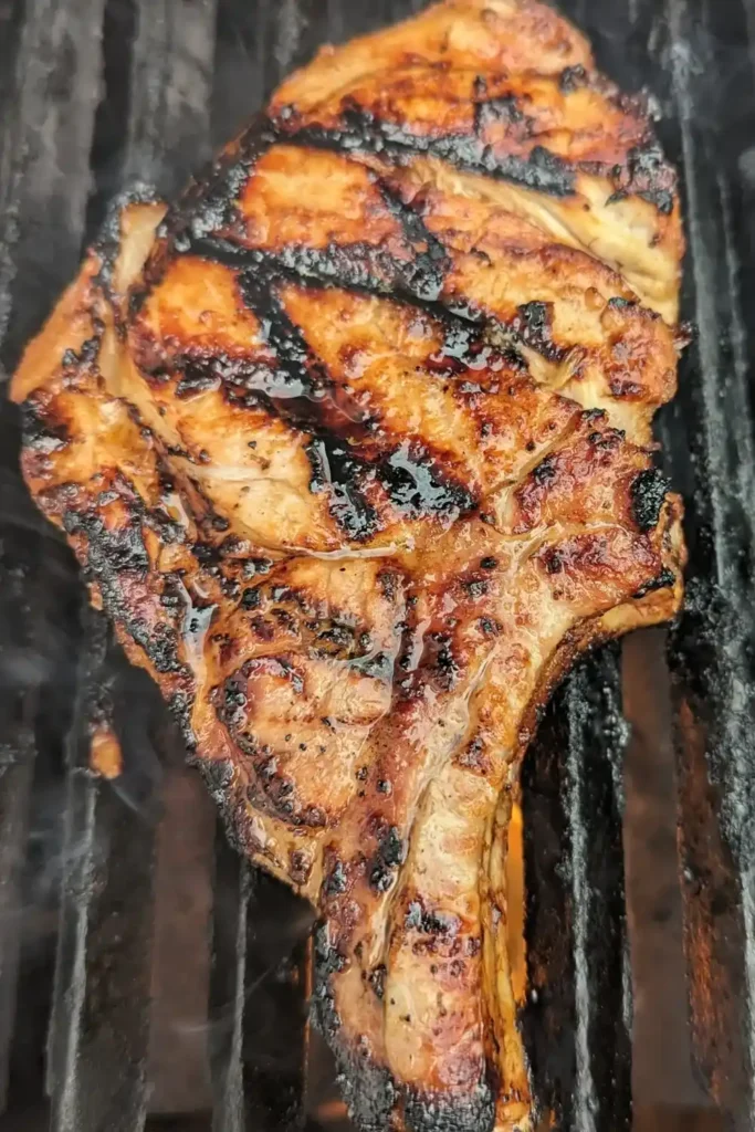 nice grill marks on pork chop on bbq grill
