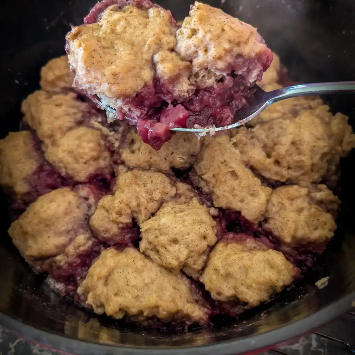 steamed mini cinnamon dumplings in dutch oven with apple blackberry compote. Fruit dumplings. Spoonful of dumpling and fruit over cooked dumplings
