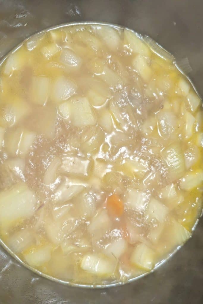add the lamb bone broth to cover veggies
