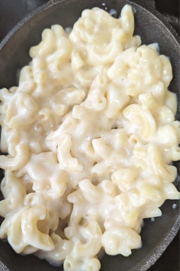 fill mini cast iron pan half way with cheesy macaroni
