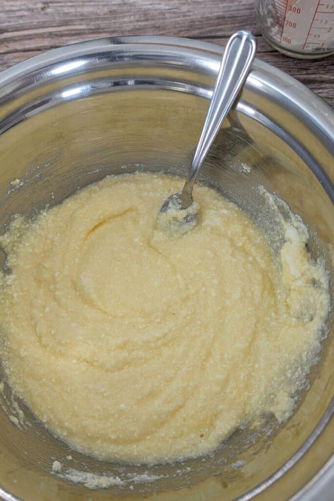 blended ricotta cheese eggs sugar in mixing bowl