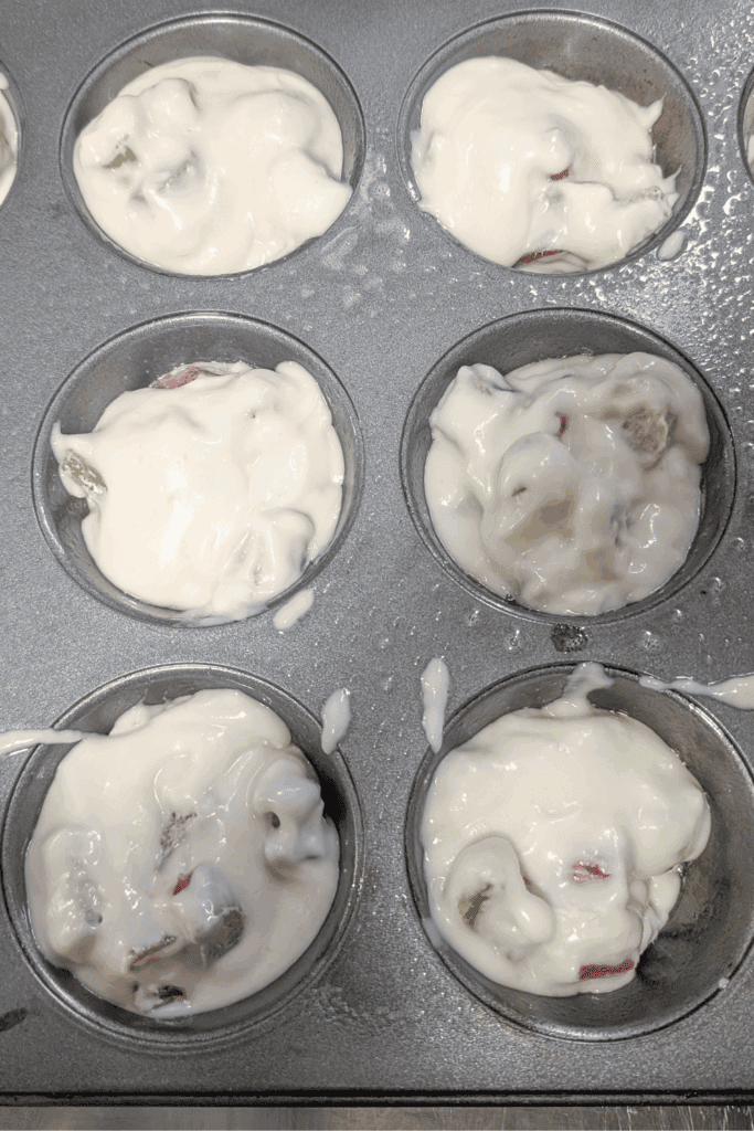 the rhubarb muffin batter int he pan