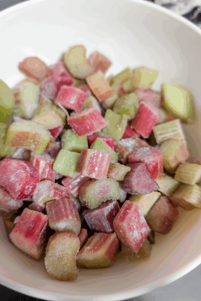frozen rhubarb pieces in bowl