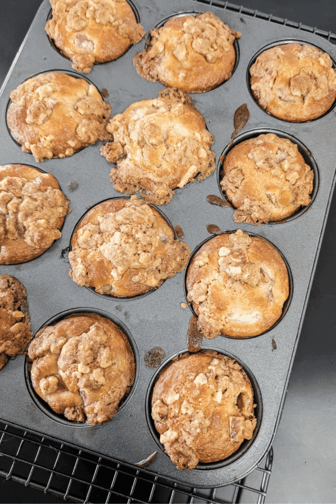 rhubarb muffins in muffin pan top down view