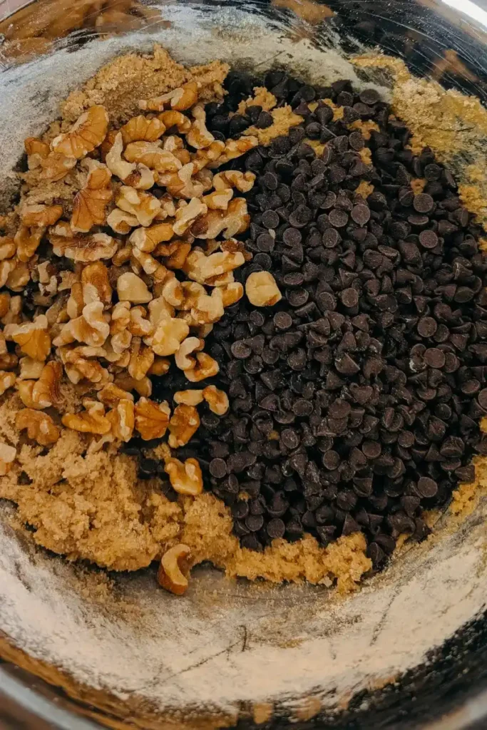 adding mini sweet chocolate chips and chopped walnuts to cookie dough