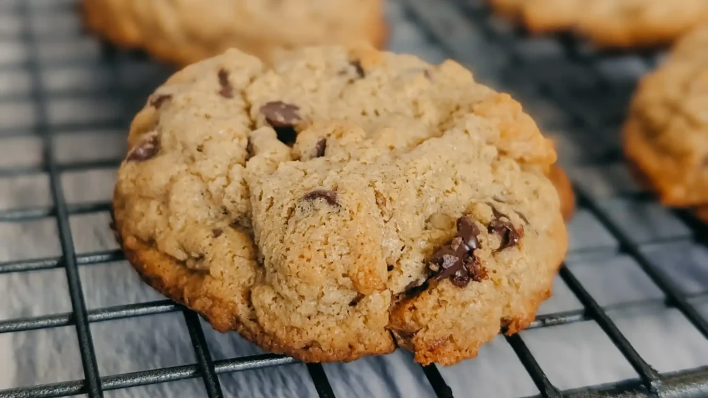 close up of baked chocolate chip walnut cookie