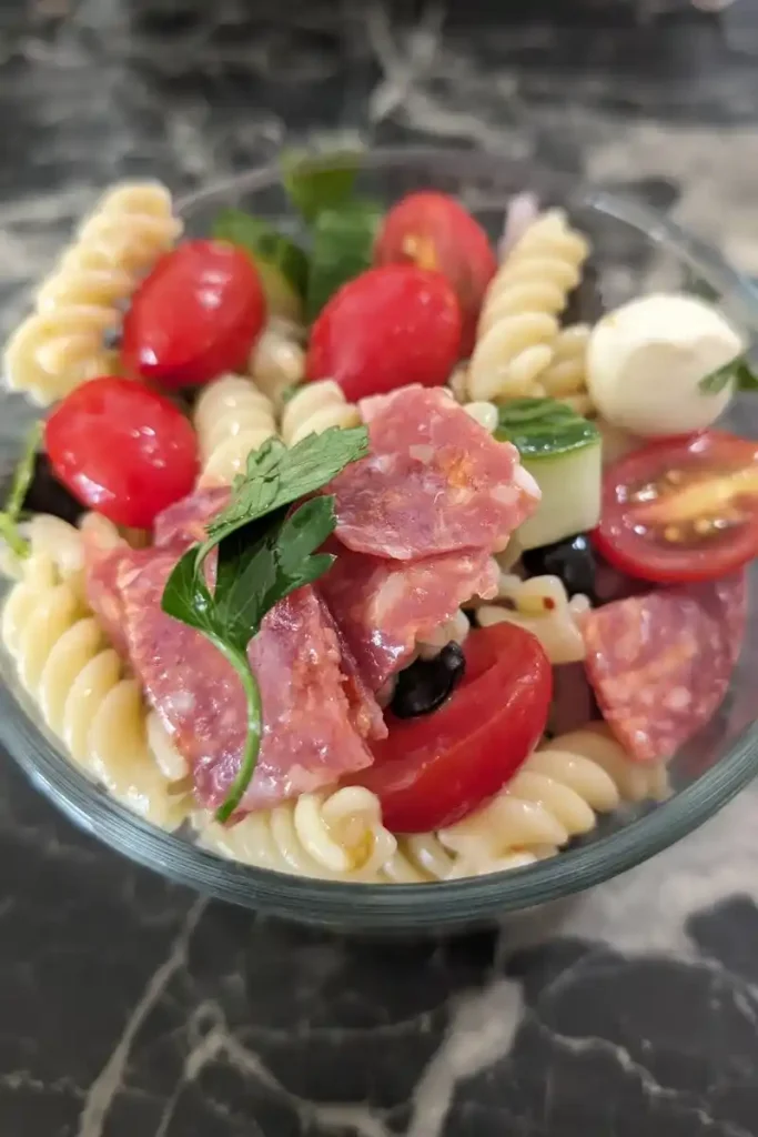 the Italian pasta salad in a small glass bowl