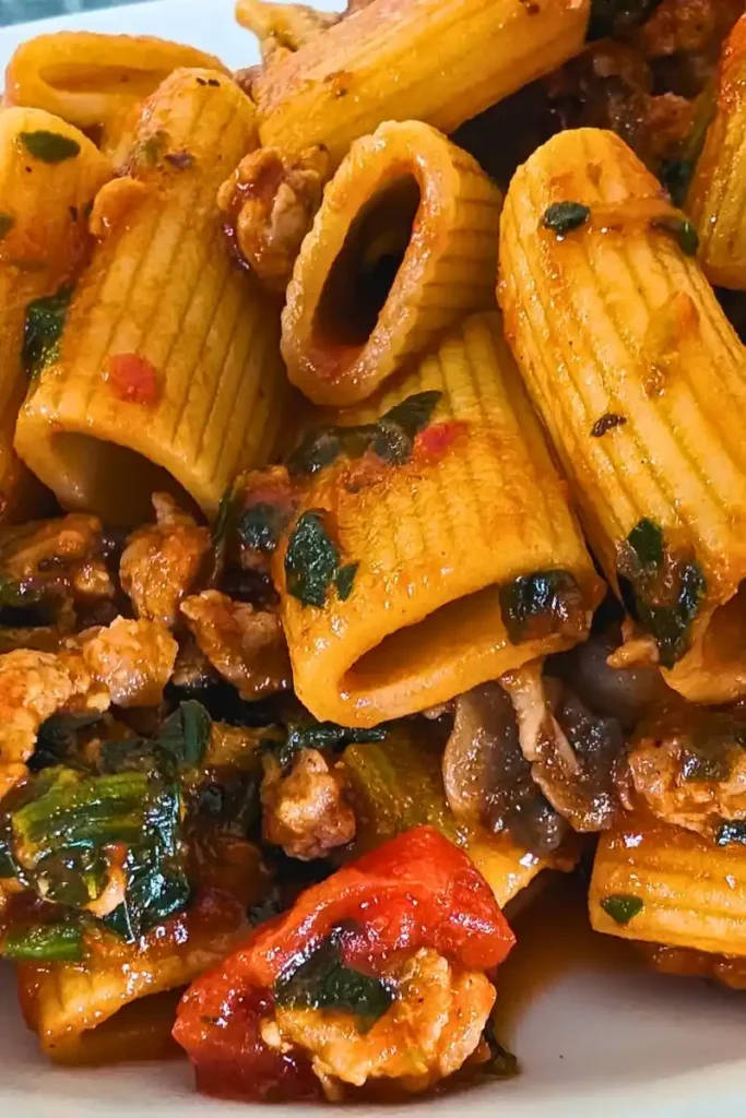 close up of spicy rigatoni pasta with sausage pasta sauce