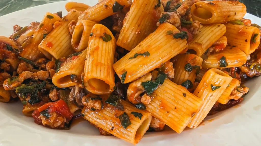 the featured image of the spicy rigatoni pasta with sausage mushroom tomato basil sauce