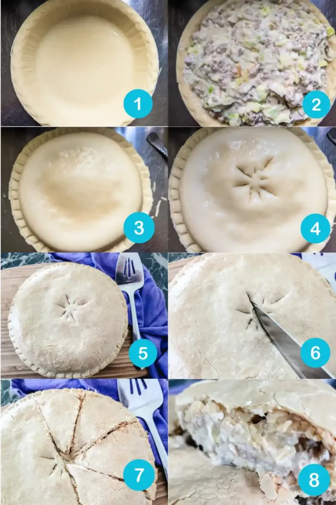 collage of adding crust and crimping adding steam holes to top crust baking slicing meat pie