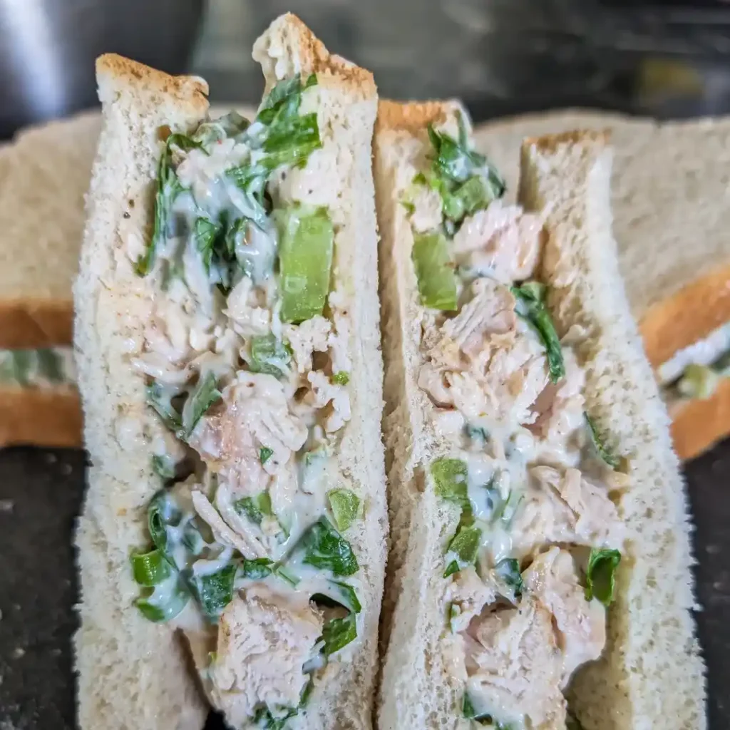 recipe card image of open facing chicken salad sandwich
