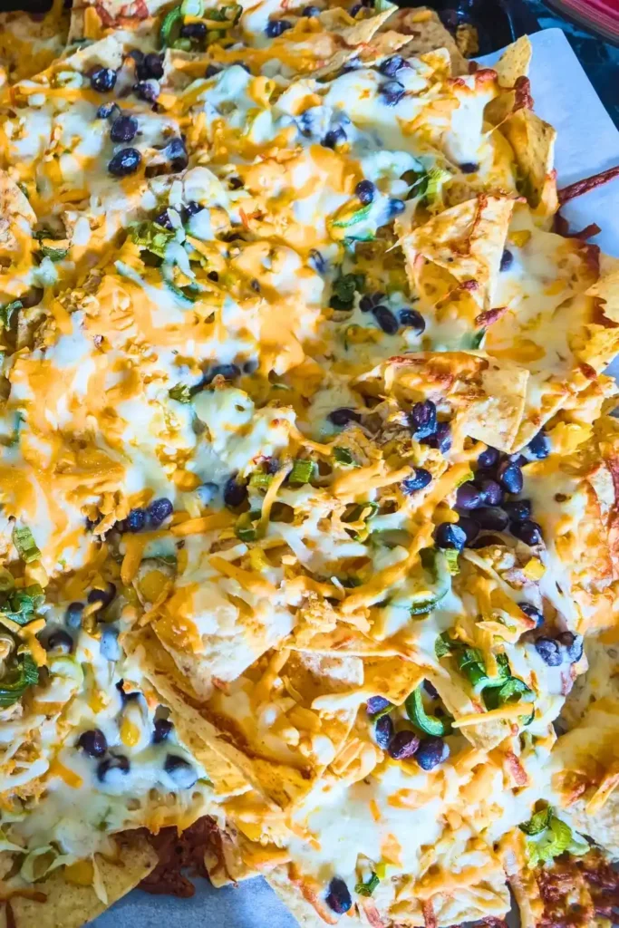 baked tray of buffalo chicken nachos