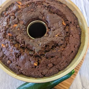 recipe card image of double chocolate zucchini bundt cake