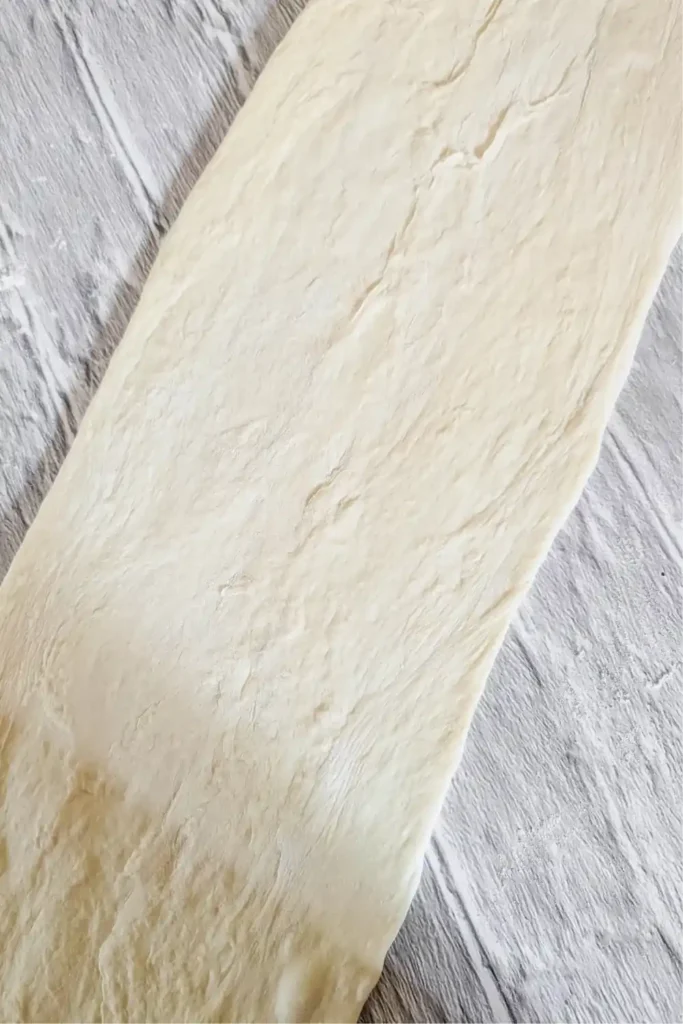 rolled pizza dough on work surface