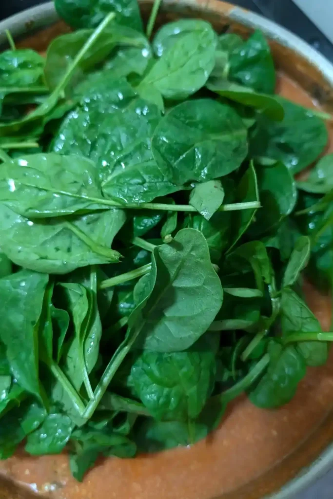 adding fresh spinach leaves to rose sauce